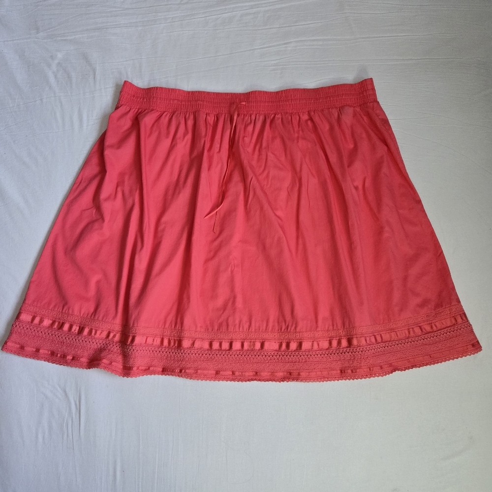 Coral skirt with ribbons and embroidery midi length